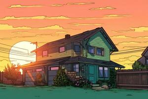 colorato disegno di un' estate suburbano Casa generativo ai foto
