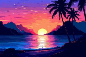 colorato disegno di un' tropicale crepuscolo beachscape generativo ai foto