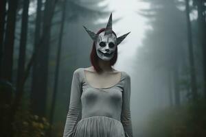 mascherato misterioso donna nel un' foresta generativo ai foto