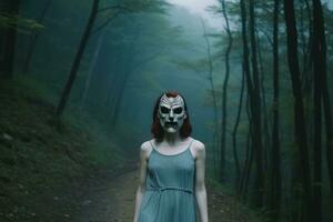 mascherato misterioso donna nel un' foresta generativo ai foto