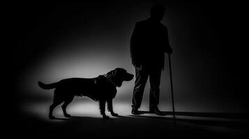 silhouette di un' guida cane con cieco uomo. d'oro, labrador, guida cane. generativo ai foto