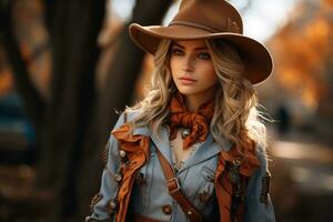 un' bellissimo bionda donna nel un' cowboy cappello generativo ai foto