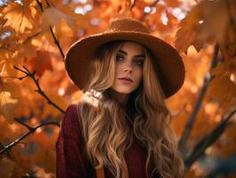 un' bellissimo bionda donna indossare un' cappello nel un autunno foresta generativo ai foto