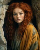 un' bellissimo rosso dai capelli donna nel un' grotta generativo ai foto
