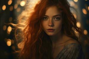 un' bellissimo rosso dai capelli donna nel davanti di luci generativo ai foto