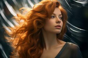 un' bellissimo rosso dai capelli donna con sua capelli soffiaggio nel il vento generativo ai foto