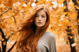 un' bellissimo rosso dai capelli donna con lungo capelli nel un autunno foresta generativo ai foto