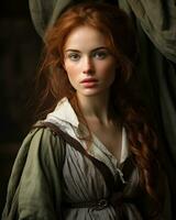 un' bellissimo testa Rossa donna con lungo capelli generativo ai foto