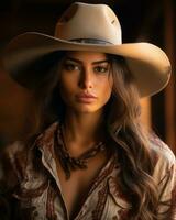 un' bellissimo donna nel un' cowboy cappello generativo ai foto