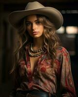 un' bellissimo donna nel un' cowboy camicia e cappello generativo ai foto