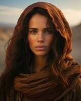 un' bellissimo donna nel un' deserto indossare un' Marrone scialle generativo ai foto
