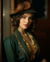 un' bellissimo donna nel un' verde cappello e giacca generativo ai foto