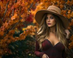 un' bellissimo donna nel un' cappello e vestito in posa nel autunno le foglie generativo ai foto