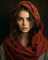 un' bellissimo donna nel un' rosso sciarpa generativo ai foto