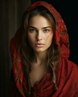 un' bellissimo donna nel un' rosso scialle generativo ai foto