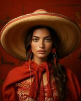un' bellissimo donna nel un' sombrero e rosso vestito generativo ai foto