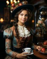 un' bellissimo donna nel un' vittoriano vestito Tenere un' tazza di tè generativo ai foto