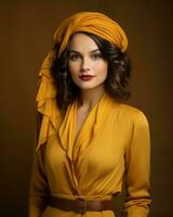 un' bellissimo donna nel un' giallo vestito e turbante generativo ai foto