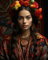 un' bellissimo donna nel tradizionale capi di abbigliamento con fiori su sua testa generativo ai foto