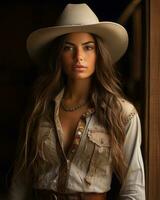 un' bellissimo donna indossare un' cowboy cappello generativo ai foto