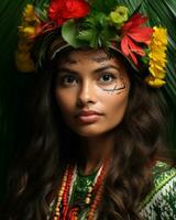 un' bellissimo donna con colorato trucco e un' fiore ghirlanda su sua testa generativo ai foto