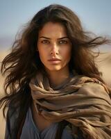 un' bellissimo donna con lungo capelli nel il deserto generativo ai foto