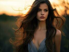 un' bellissimo donna con lungo capelli nel un' campo a tramonto generativo ai foto