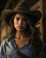 un' bellissimo giovane donna nel un' cowboy cappello generativo ai foto