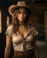 un' bellissimo giovane donna nel un' cowboy cappello generativo ai foto