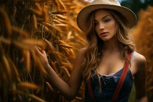 un' bellissimo giovane donna nel un' cappello e tuta da lavoro in piedi nel un' campo di Grano generativo ai foto