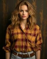 un' bellissimo giovane donna nel un' plaid camicia e jeans generativo ai foto