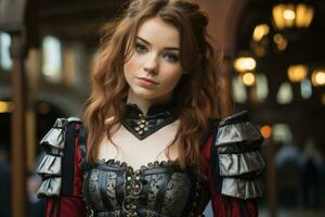 un' bellissimo giovane donna nel un' medievale costume generativo ai foto