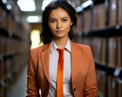 un' bellissimo giovane donna nel un arancia cravatta in piedi nel un' biblioteca generativo ai foto