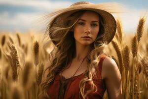 un' bellissimo giovane donna indossare un' cannuccia cappello nel un' Grano campo generativo ai foto