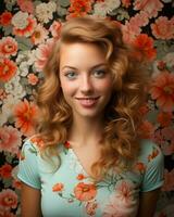 un' bellissimo giovane donna con lungo Riccio capelli in posa nel davanti di un' floreale parete generativo ai foto