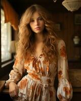 un' bellissimo giovane donna con lungo capelli nel un' floreale vestito generativo ai foto