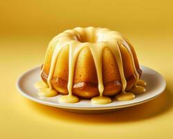 un' bundt torta è piovigginato con sciroppo su un' giallo sfondo generativo ai foto