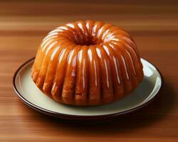 un' bundt torta seduta su un' piatto su un' di legno tavolo generativo ai foto