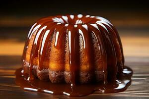 un' bundt torta con caramello pioggerella su un' di legno tavolo generativo ai foto