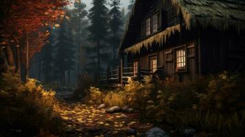 un' cabina nel il boschi con autunno le foglie su il terra generativo ai foto