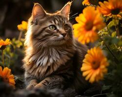 un' gatto seduta nel un' campo di giallo fiori generativo ai foto