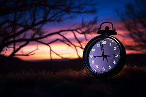 un' orologio seduta nel il mezzo di un' campo a tramonto generativo ai foto
