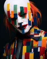 un' clown con colorato trucco su il suo viso generativo ai foto