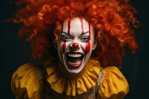 un' clown con rosso capelli e rosso clown trucco generativo ai foto