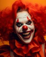 un' clown con rosso capelli e rosso trucco su un arancia sfondo generativo ai foto