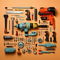 un' collezione di utensili disposte su un arancia sfondo generativo ai foto