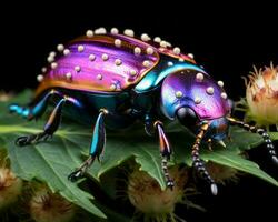 un' colorato scarafaggio è seduta su superiore di un' pianta generativo ai foto