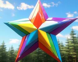 un' colorato origami stella nel il cielo con alberi nel il sfondo generativo ai foto