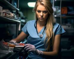 un' femmina infermiera nel scrub Tenere un' siringa nel sua mano generativo ai foto
