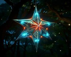 un' raggiante stella sospeso a partire dal un' albero nel il buio generativo ai foto